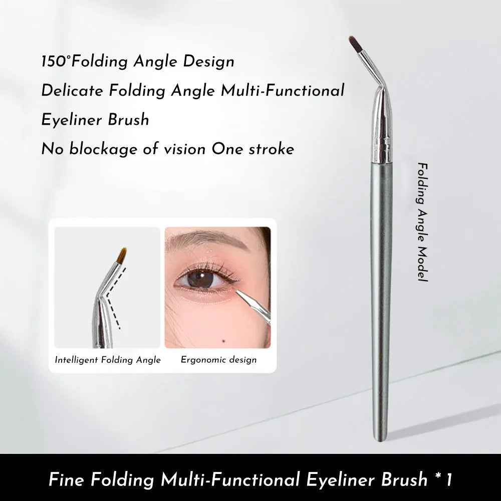 Angled bend head eyeliner brush for under eye and tear trough makeup application