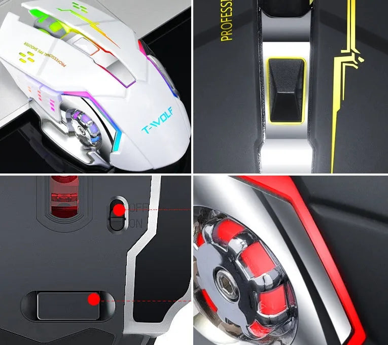 Wireless silent charging mouse in black and white colour options showing six-button layout