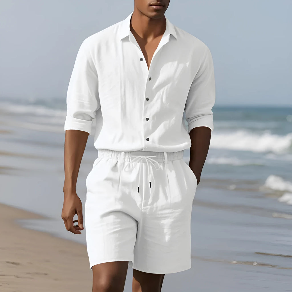 Linen two-piece beach suit set with long sleeve shirt and matching shorts in multiple colour options