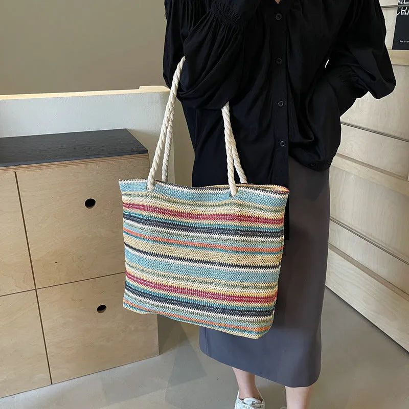 Blue straw woven nylon shoulder bag with large capacity and polyester lining