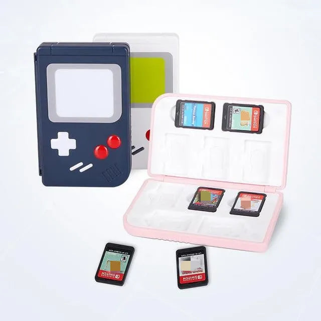 Slim white Nintendo SWITCH game card storage box for OLED and LITE models on a table.