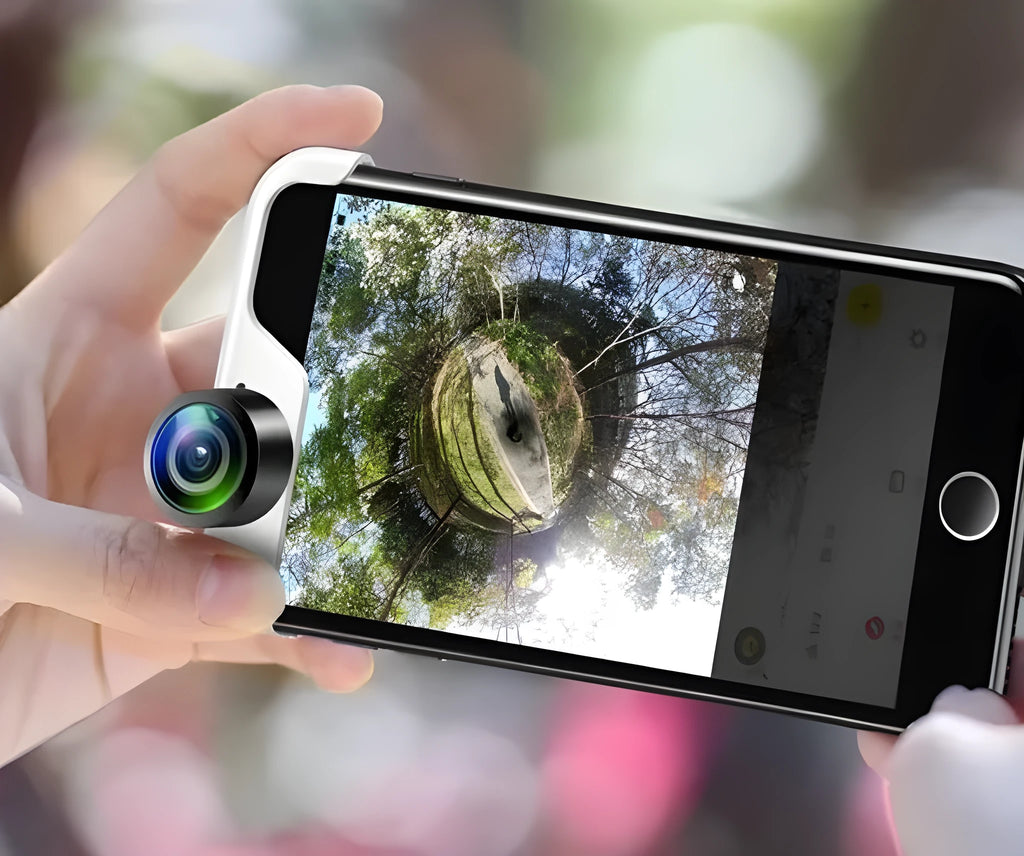 Panoramic camera lens accessory attached to an iPhone for taking 360-degree photos