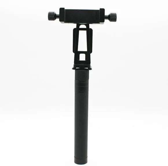 Black retractable aluminium selfie stick with hand-held stabiliser and phone grip, shown extended and collapsed.