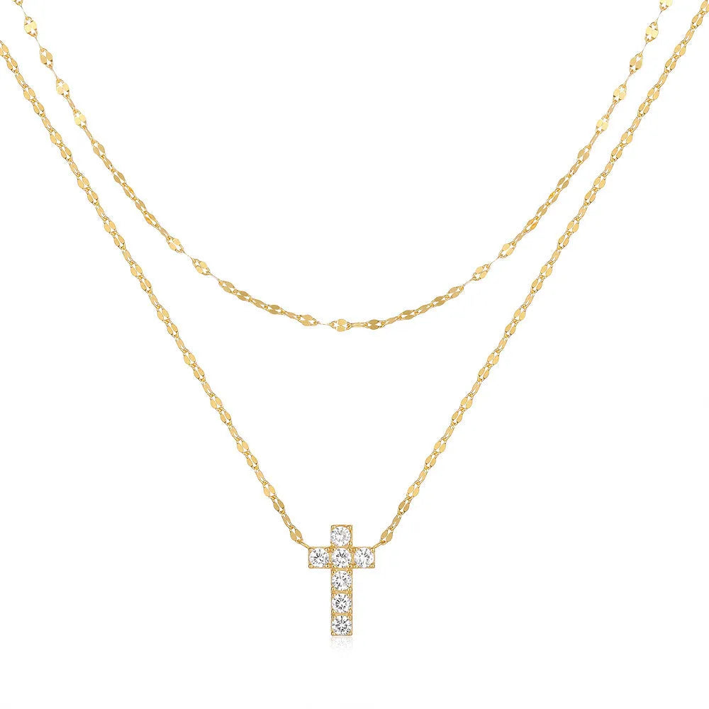Sterling silver double layer cross pendant necklace with clavicle chain in gold or white gold plating