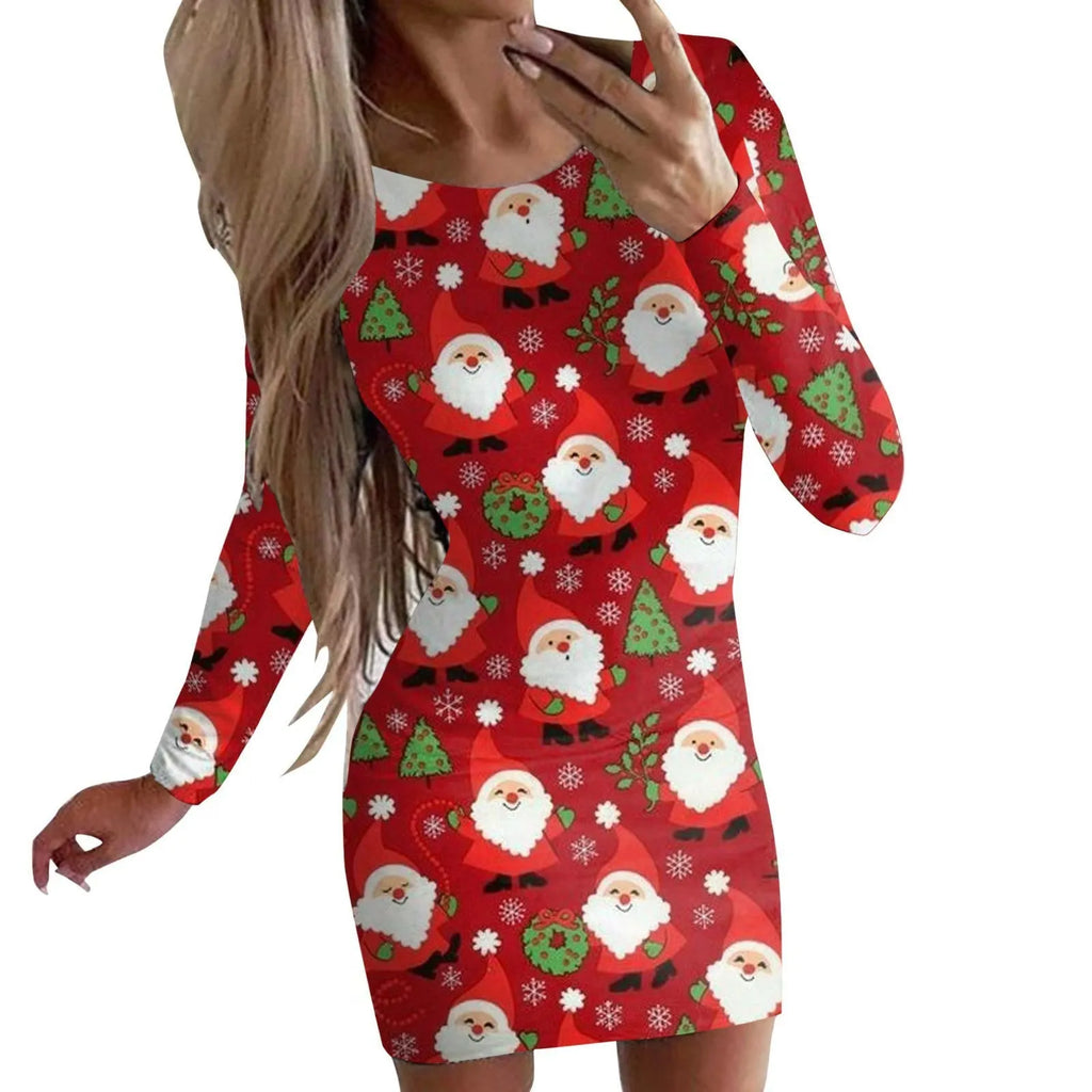 Women's long sleeve bodycon dress with Christmas animal print in a floral colour.