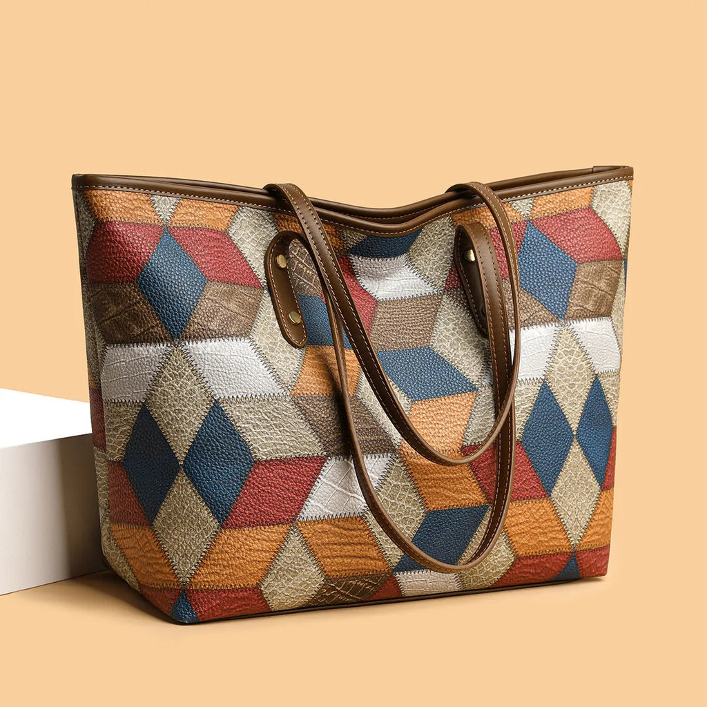 Blue brown PVC women's shoulder handbag with sandwich pocket design for business and leisure use