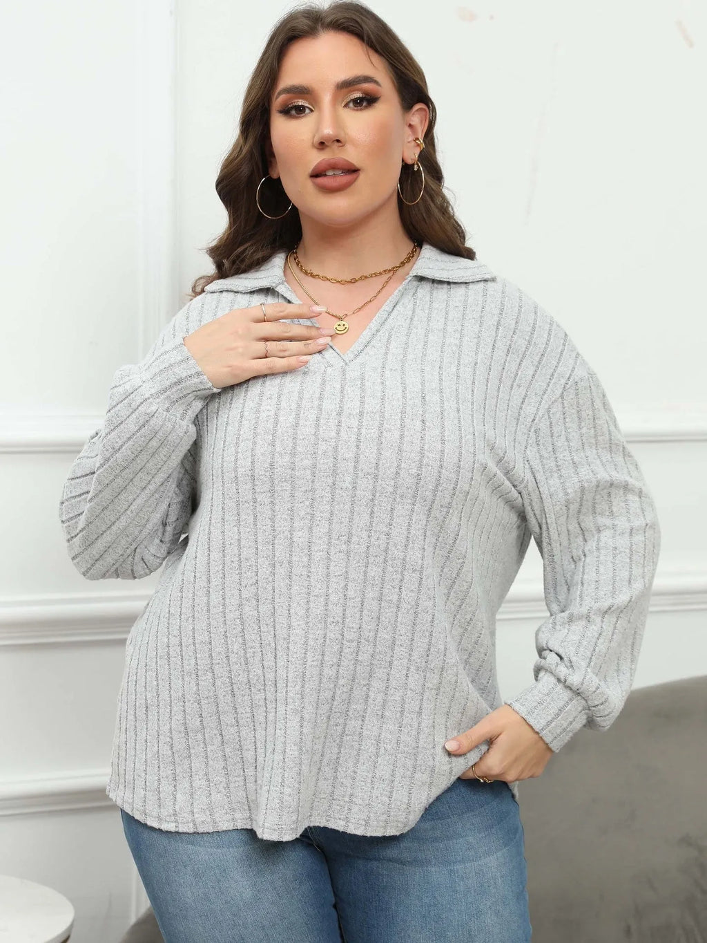 Women's plus size gray polo collar pullover with lantern sleeves in Gothic street fashion style