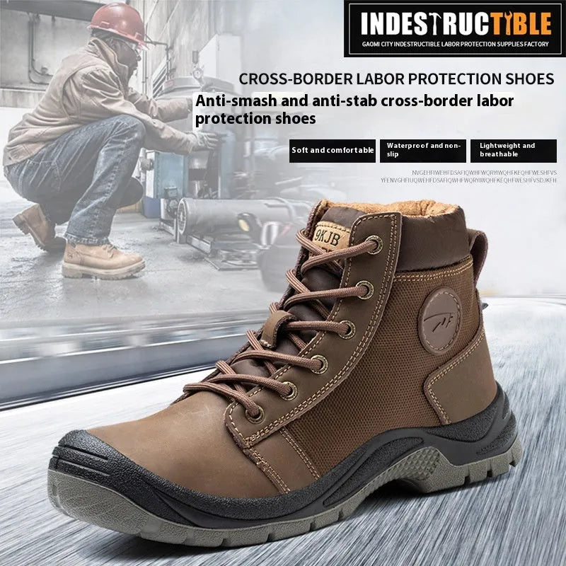 Men's orange labour protection shoes with leather upper and rubber sole for workplace safety