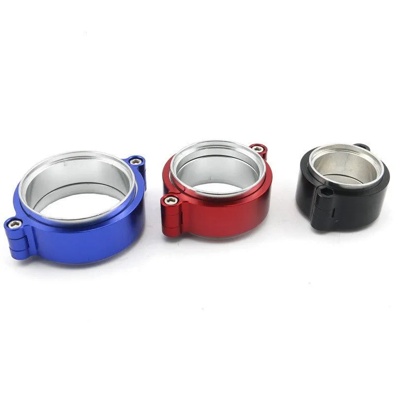 Aluminium fixed movement clamp for turbo exhaust downpipes in black blue red colours