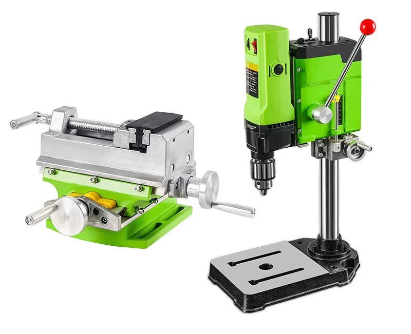 Mini bench drill and milling machine with included 1050W drill and metal bench pliers on a workbench.