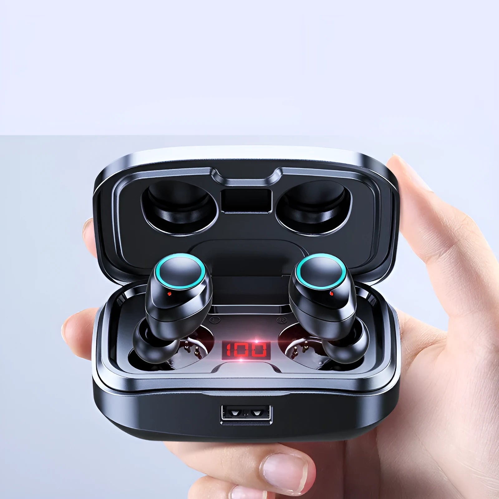 Black wireless in-ear earphones with Bluetooth 5.0 showing bilateral earpieces