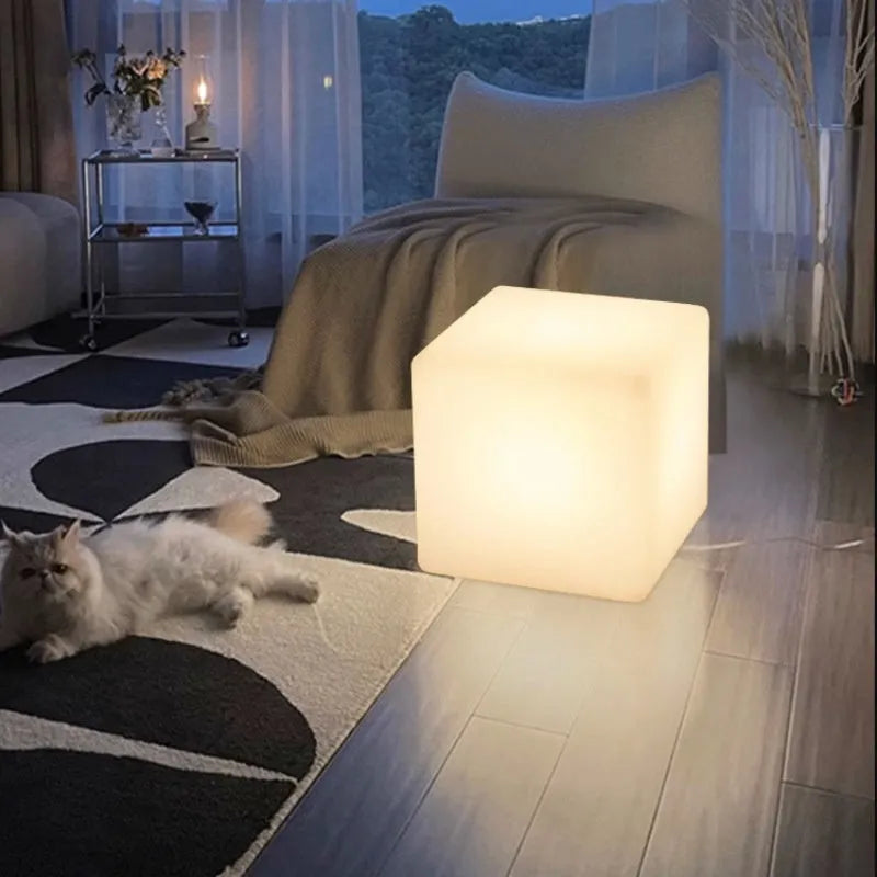 Modern square LED cube stool light for outdoor gardens and patios with waterproof IP65 rating