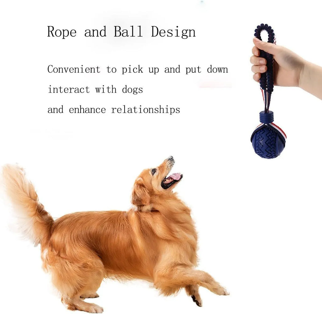 Blue natural rubber dog ball with rope toy showing textured surface, sized for medium and small dog breeds