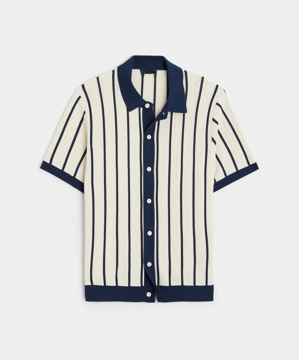 Men's white knitted short sleeve shirt with asymmetric lapel design and striped pattern detail