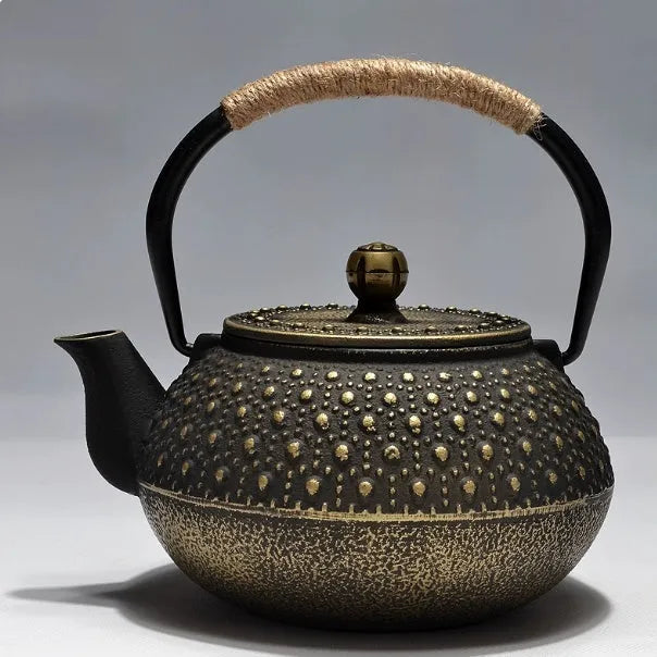 Cast iron teapot with Japanese-style decorative patterns and 0.9L capacity for brewing tea