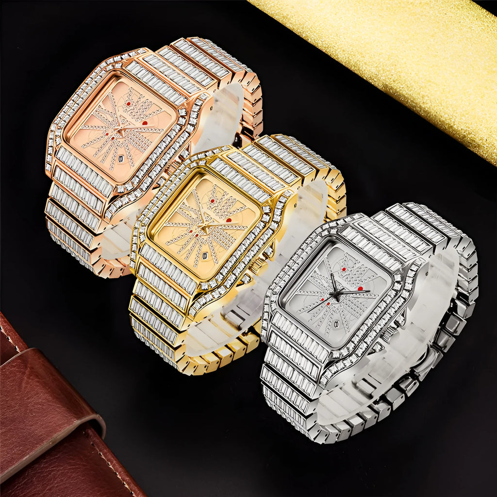 Hip hop full diamond large dial square men's quartz watch with gold alloy band