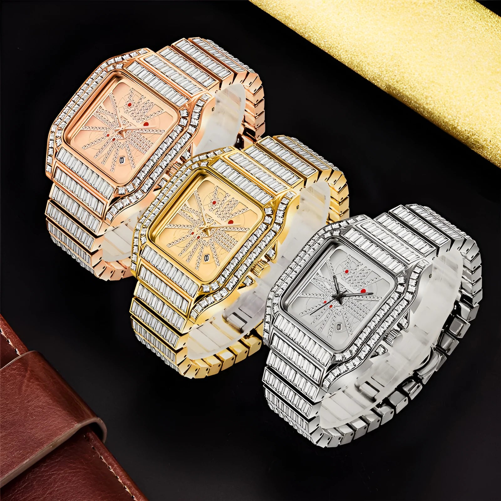 Hip hop full diamond large dial square men's quartz watch with gold alloy band