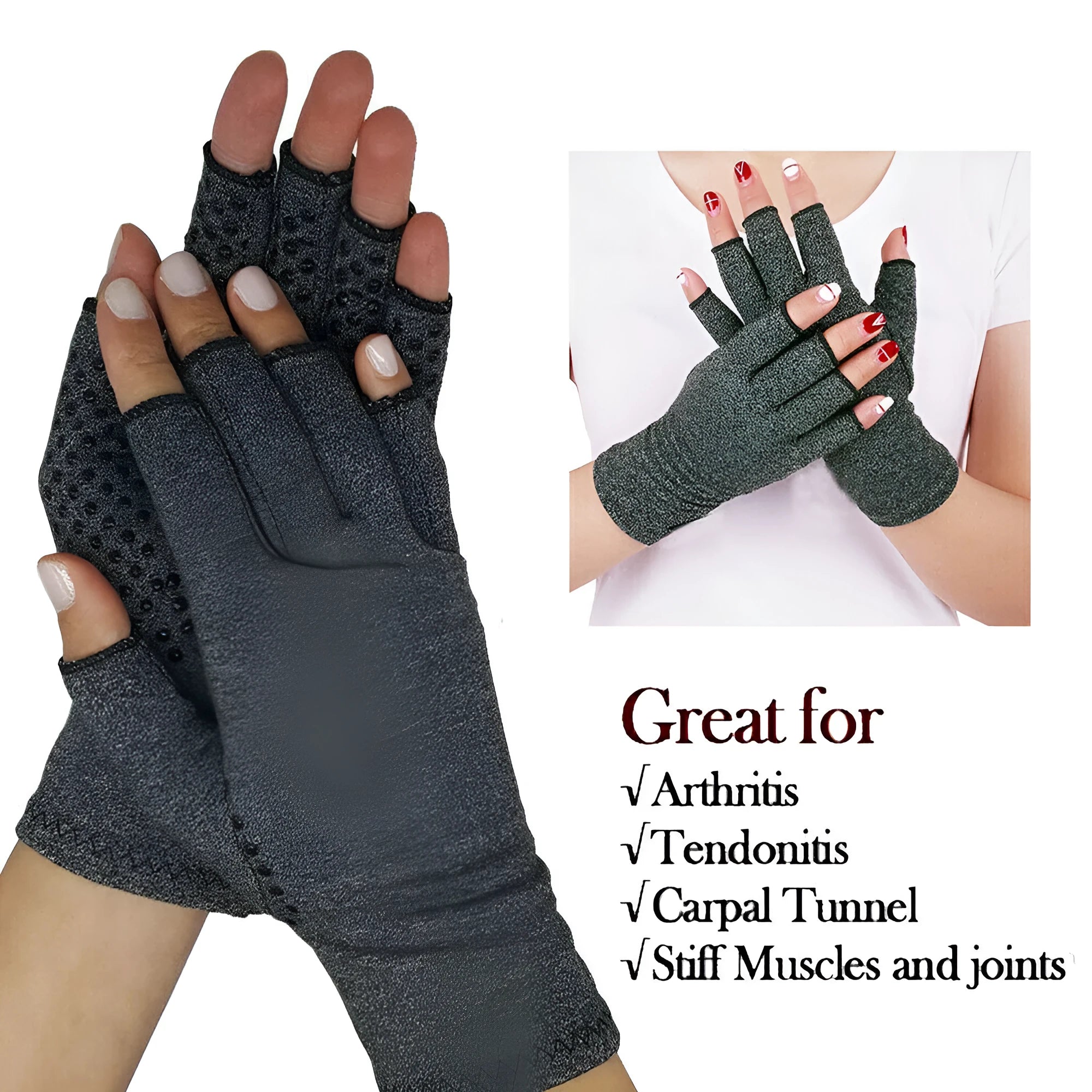 Grey half-finger joint compression gloves with anti-slip palm grip.