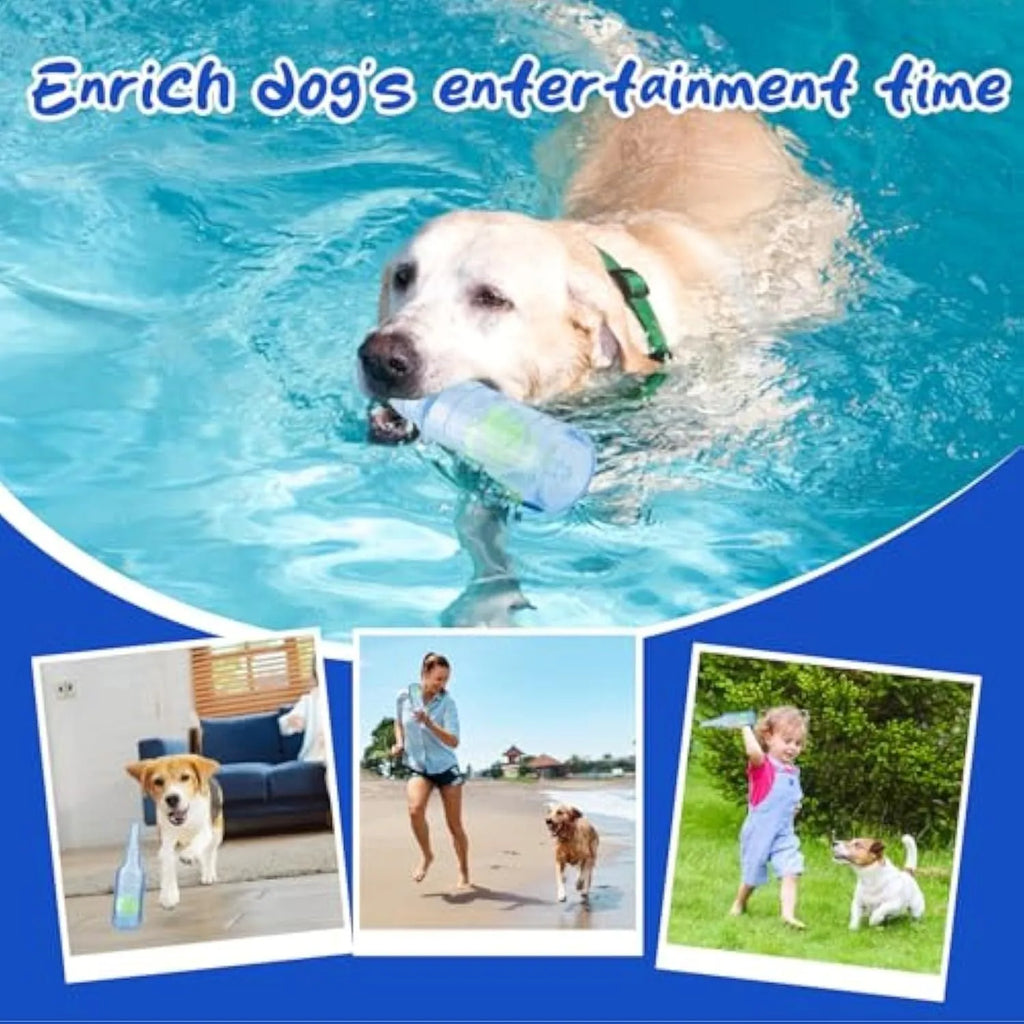 Blue green red natural rubber dog water bottle chew toy with squeaker floating in water