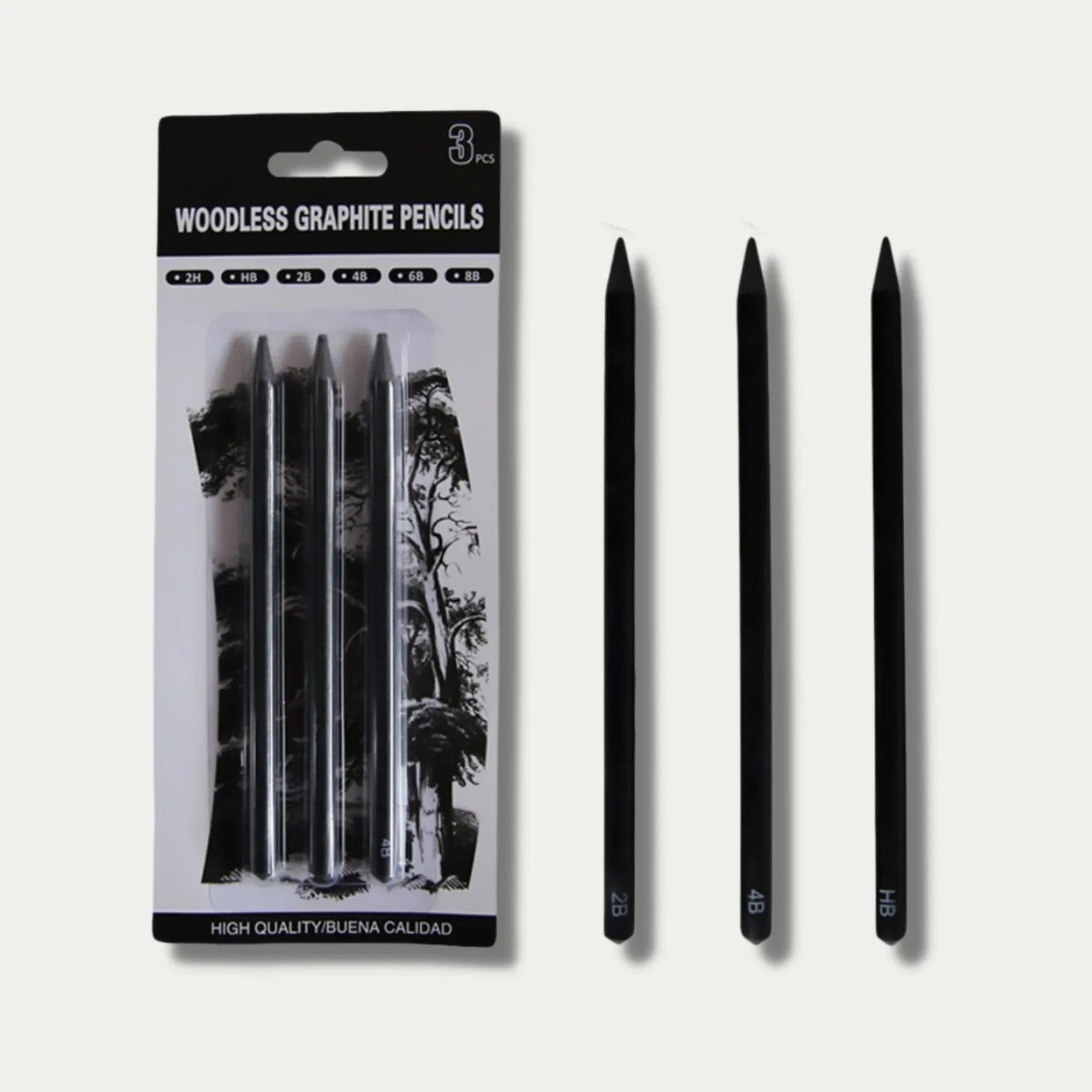 Set of six wood-free graphite sketching pencils with HB 2B 4B 6B 8B EE hardness grades