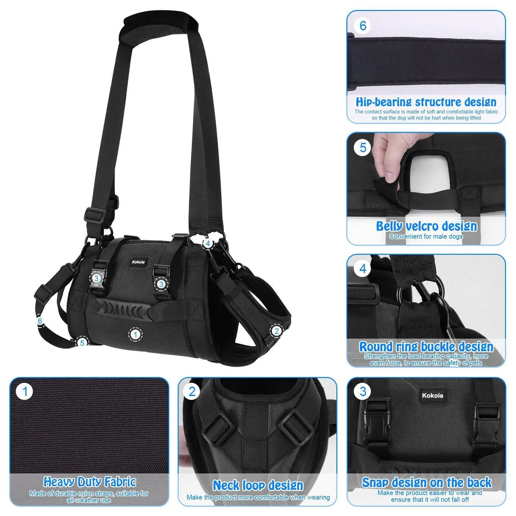 Black Oxford cloth dog rehabilitation harness with adjustable leg support straps