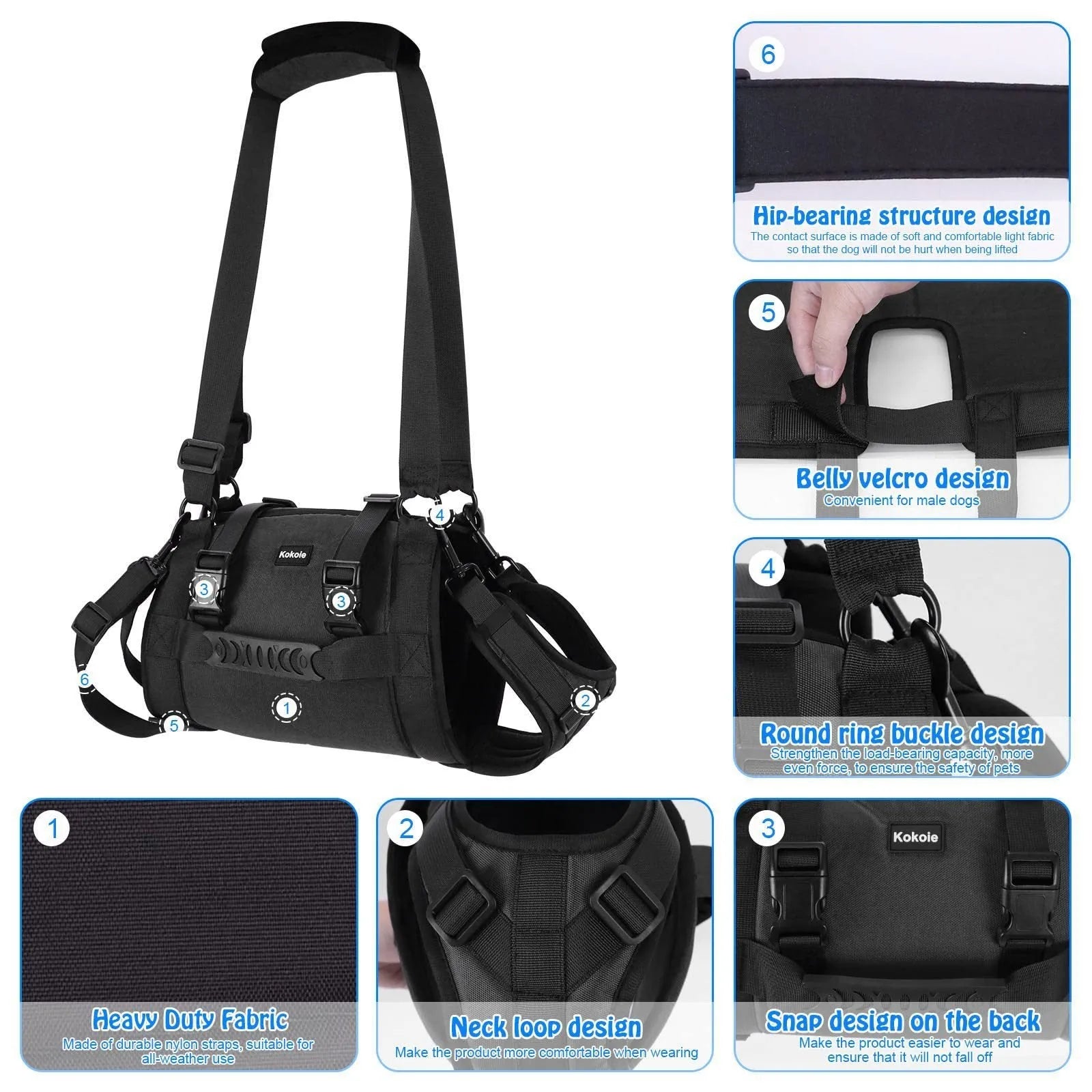 Black Oxford cloth dog rehabilitation harness with adjustable leg support straps