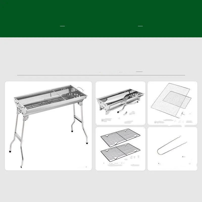 Large stainless steel folding barbecue grill set up for outdoor cooking.