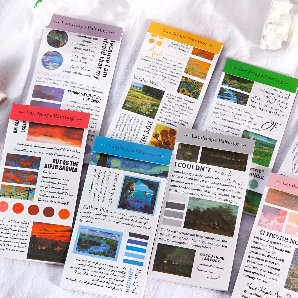 Pack of twenty paper landscape painting art stickers measuring 60 by 120 millimetres.