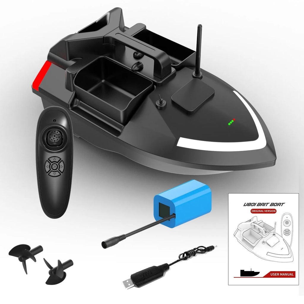 Black remote control GPS fishing boat with antenna and bait container on 49cm hull