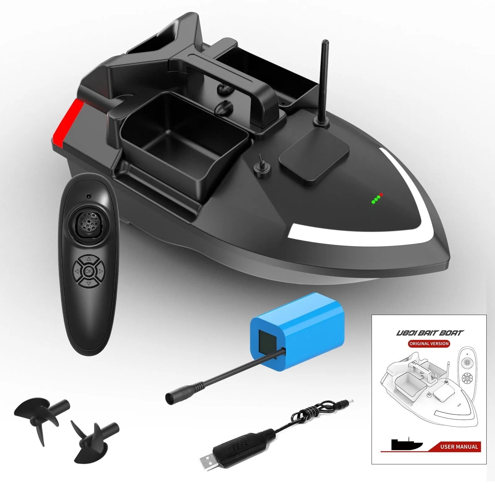 Black remote control GPS fishing boat with antenna and bait container on 49cm hull