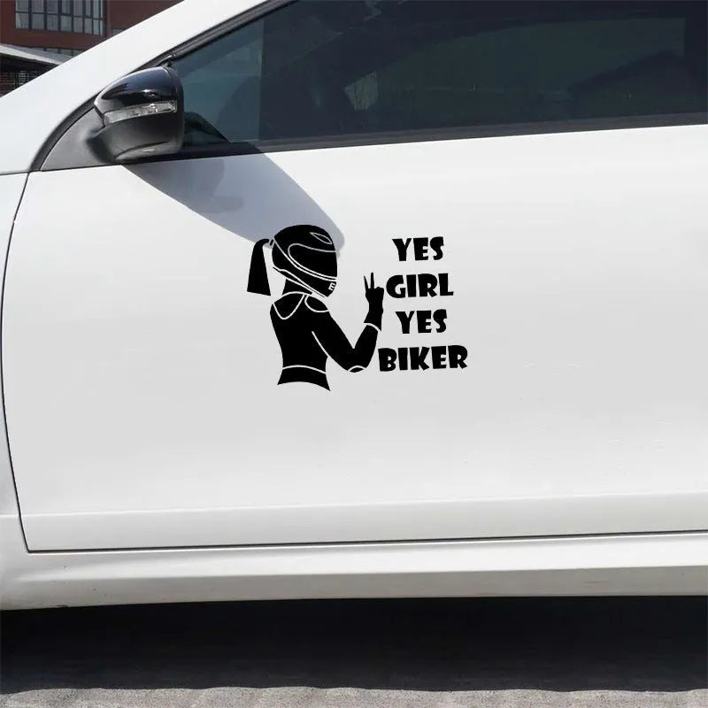 Cool Girl Rider character car sticker in black, white, or laser colour.