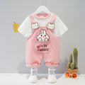 Yellow cotton baby summer overalls with cartoon design and openable straps on infant