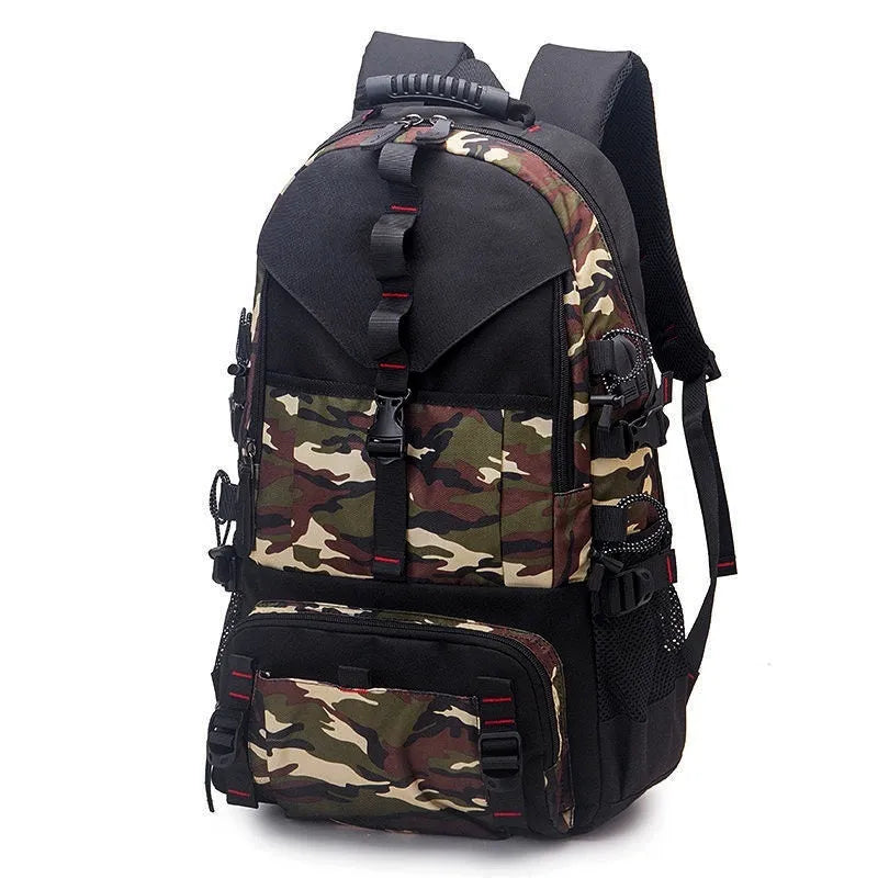 Men's waterproof Oxford cloth hiking backpack in black with multiple compartments and air pillow belt system