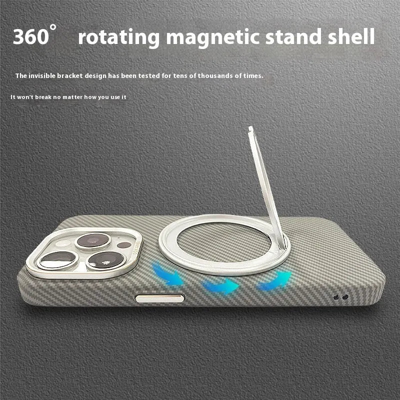 Rotating aluminum alloy bracket phone case in graphite black with carbon fiber pattern drop-resistant shell for Apple