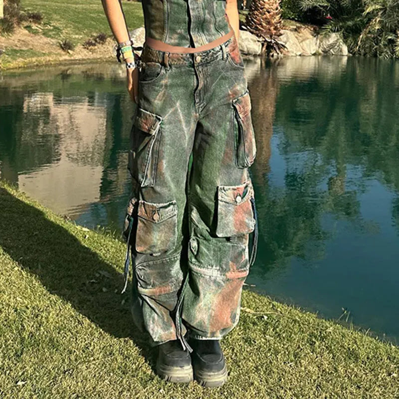 Retro colour loose cargo denim trousers with gradient pocket on model