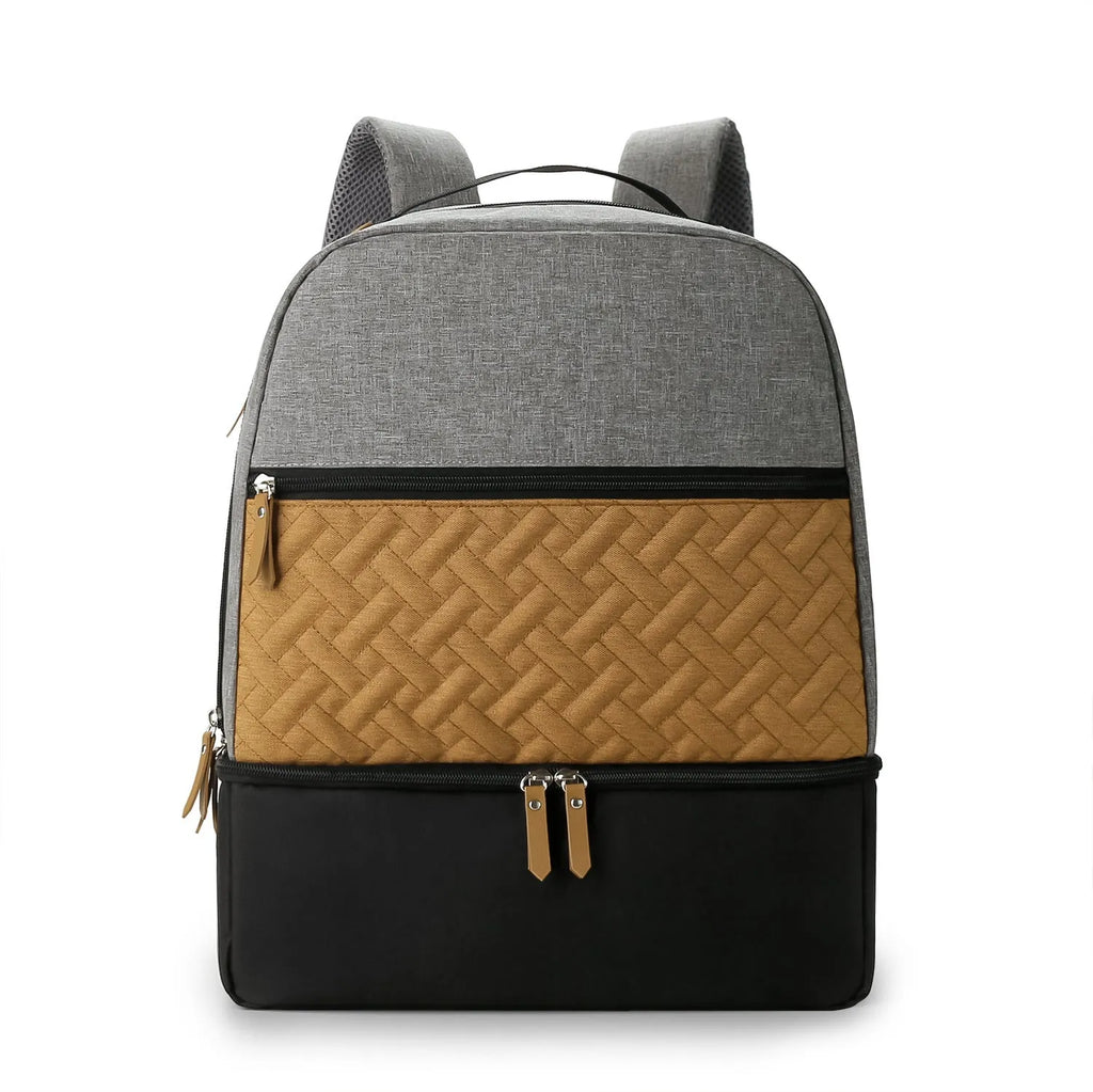 Grey insulated mother and child travel backpack with curved shoulder straps showing organisational compartments