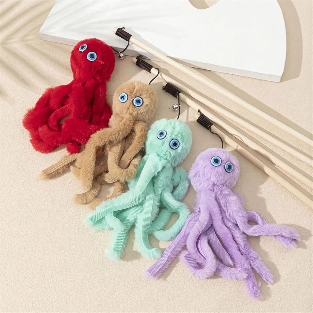 Octopus cat toy on 40cm stick in four colours for indoor feline play