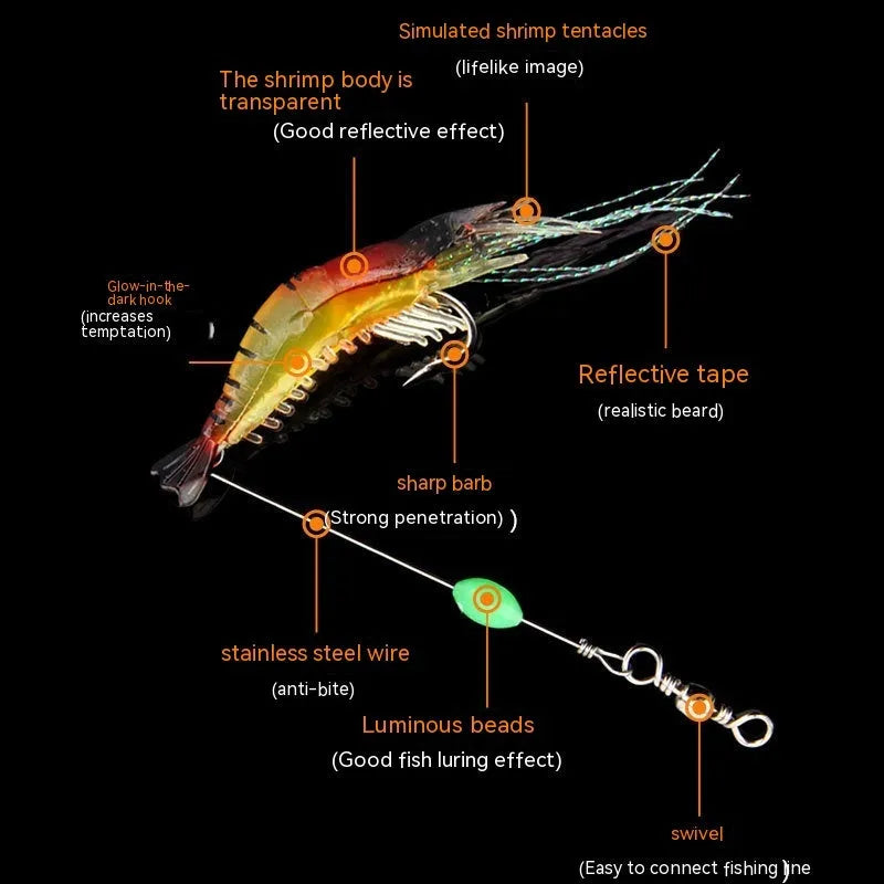Six soft fishing lures with integrated hooks in colours including black head yellow body and luminous options