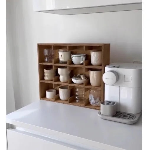 Solid wood square storage rack with multiple grid compartments for cup organisation