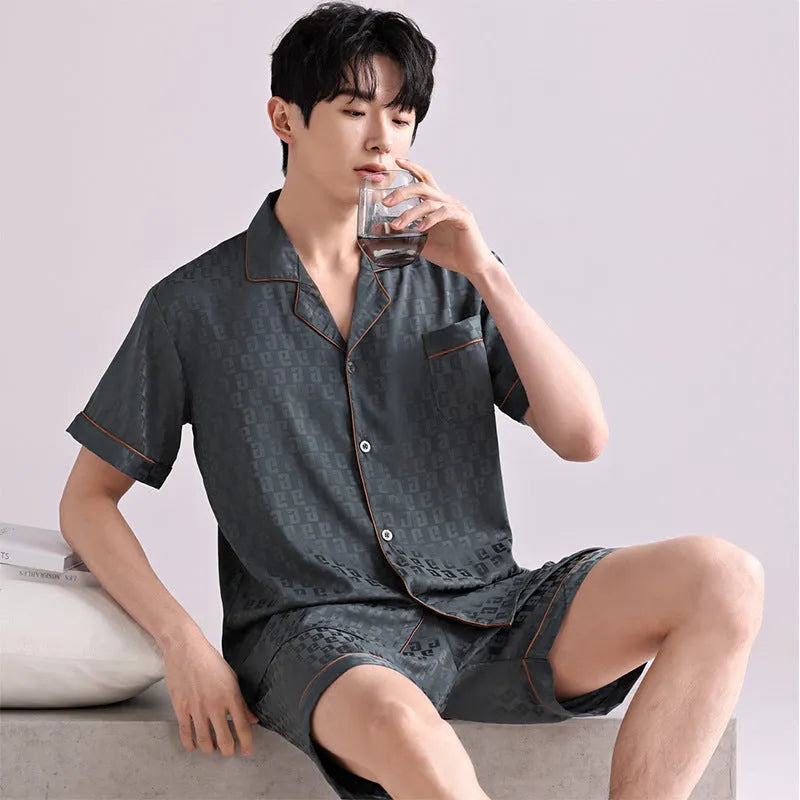 Men's ice silk pyjama set with artificial silk fabric in cardigan style and shorts for summer