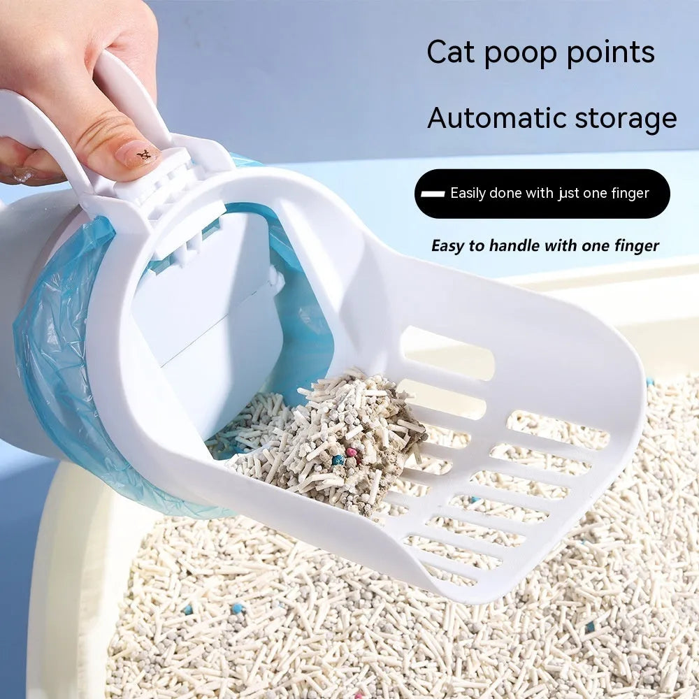 Grey foldable cat litter scoop with built-in waste bin and refill bags for cats and dogs.
