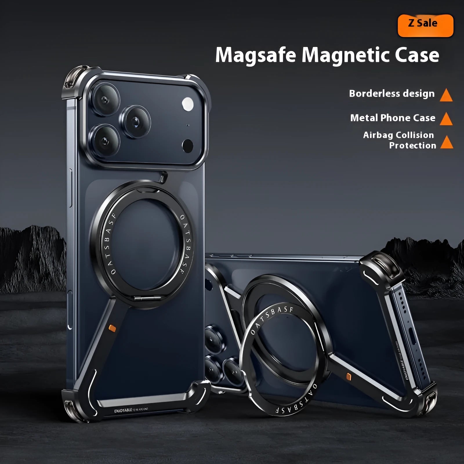 iPhone 17 Pro Max metal phone case with magnetic bracket in black, orange and primary colour options
