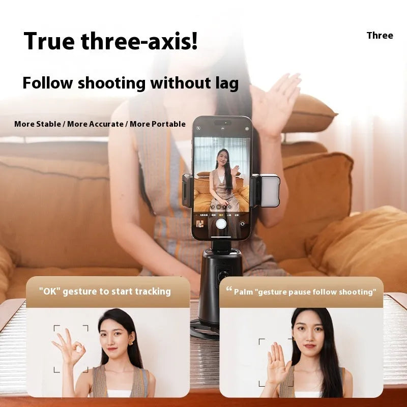 Black desktop phone bracket with rotating head and ribbon lighting for hands-free video calls