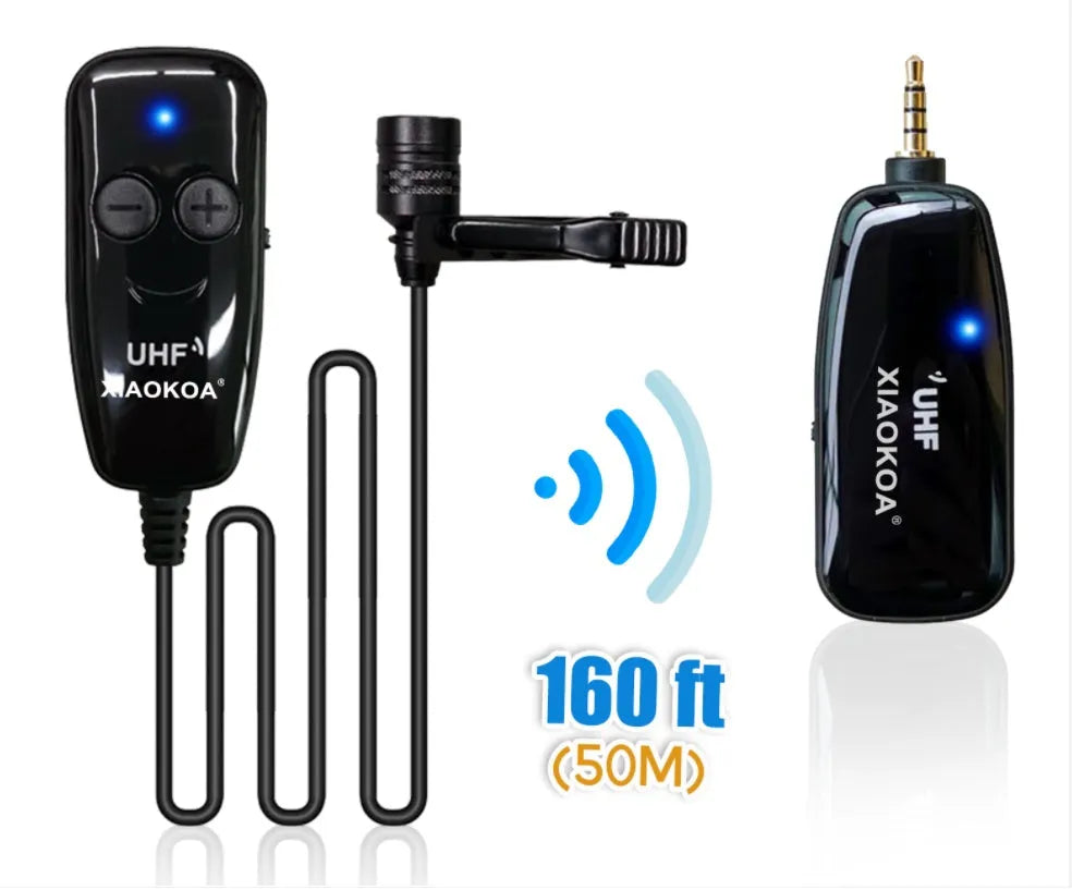 Black lavalier microphone with 3.5mm plug for mobile phones on a plain background.