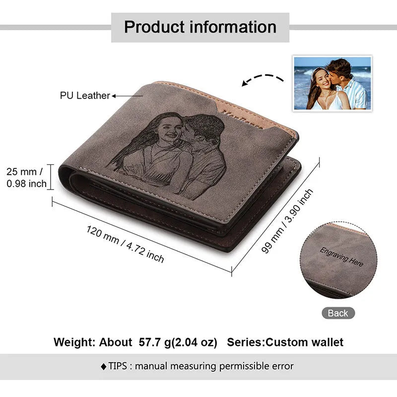 Engraved coffee coloured PU horizontal short wallet with custom lettering, shown with dimensions 120mm by 99mm.