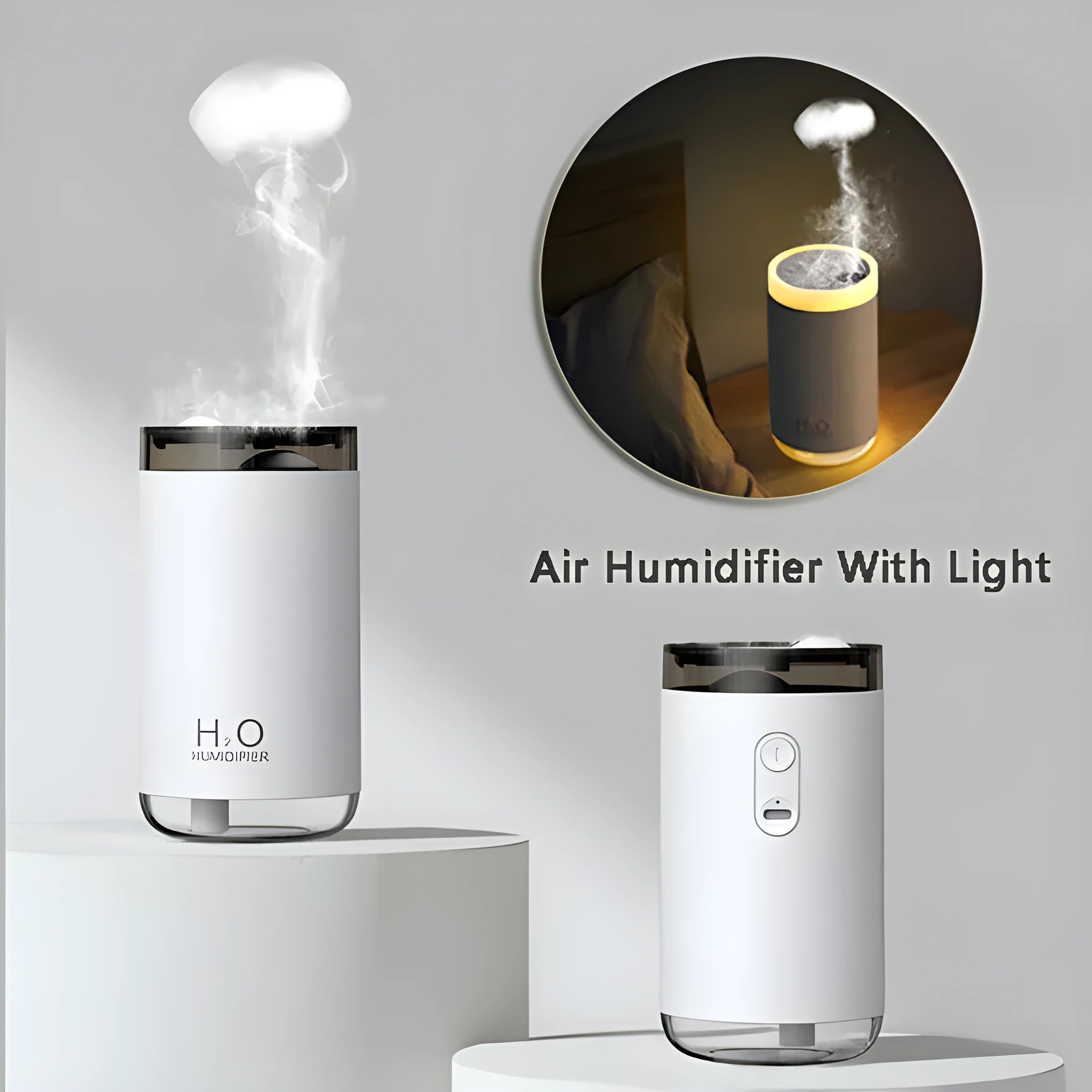 Compact round USB jellyfish humidifier with night light in blue, pink, or white colours.
