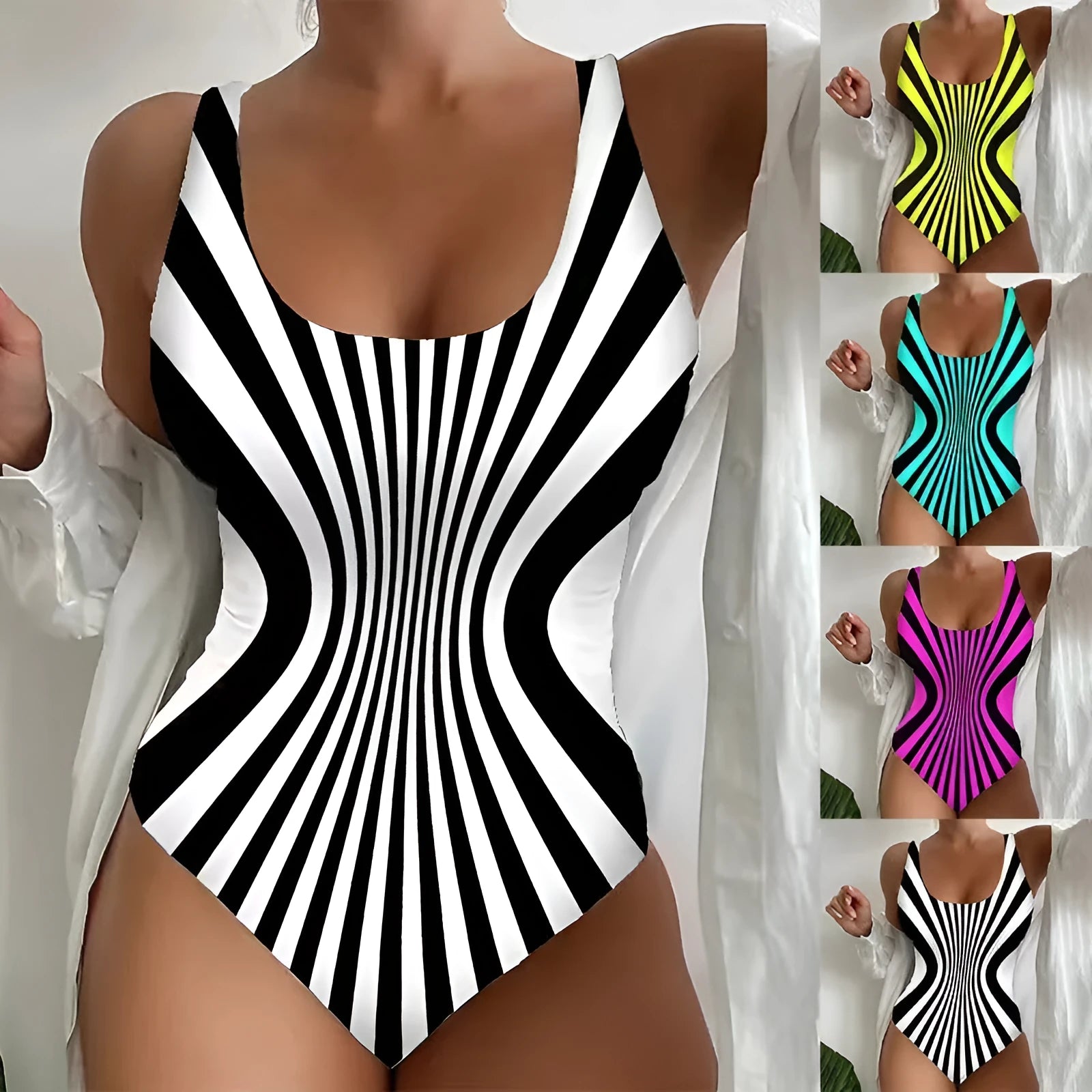 Women's one-piece sling striped printed swimsuit in polyester, multiple colour options and sizes S to 5XL