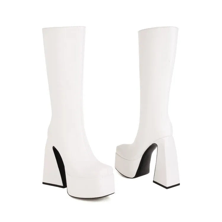Women's black high boot made of faux PU leather, shown in a casual style.