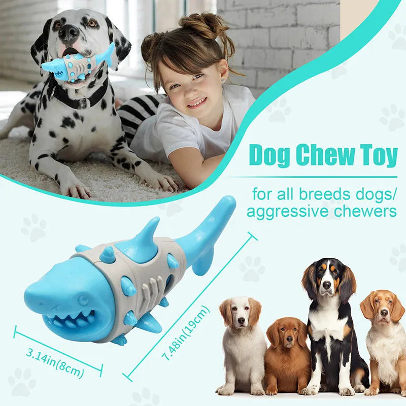 Blue shark tooth dog teething toy with textured cleaning surface