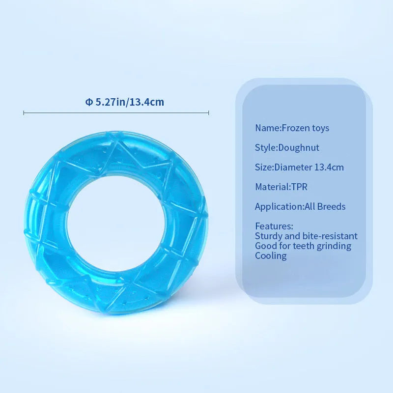 Three silicone dog cooling toys: pacifier, popsicle and ring shapes for summer heat relief